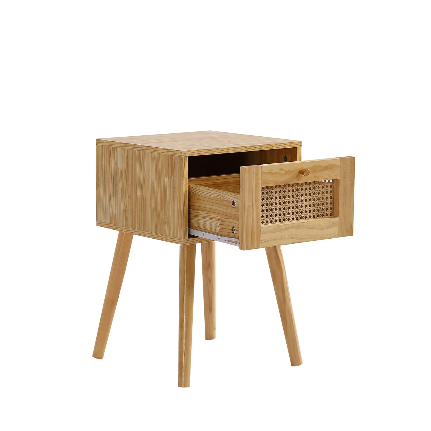 Natural Rattan 1-Drawer Bedside Table with Gold-Colored Metal Handle