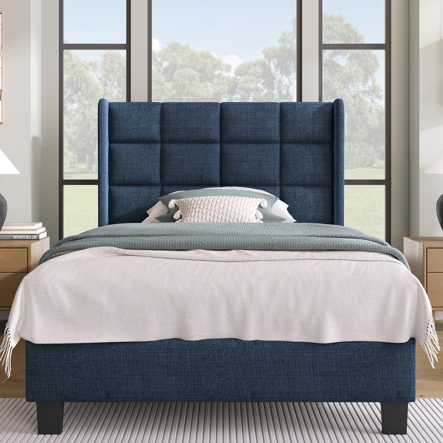 (Z)Simple style blue linen single bed frame with bed board, without mattress