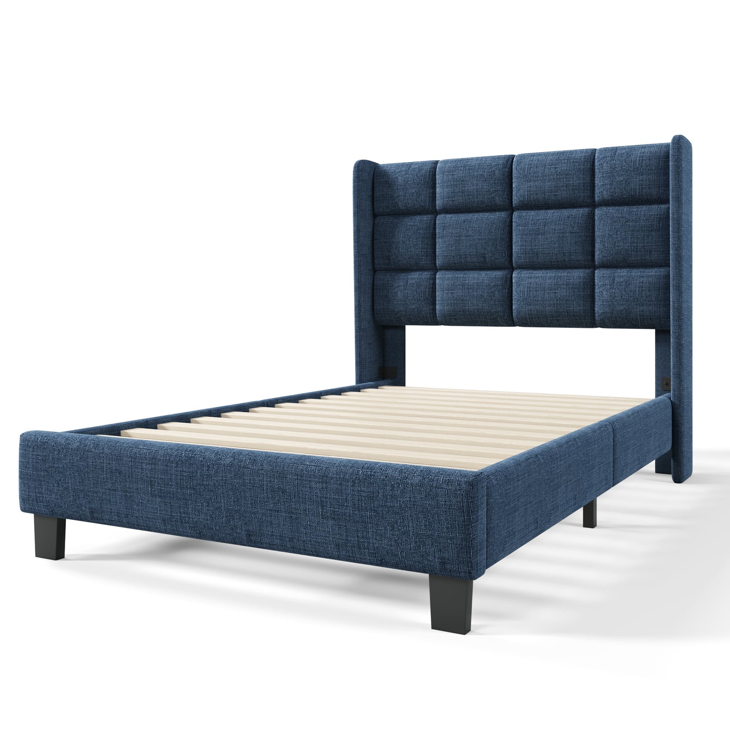 (Z)Simple style blue linen single bed frame with bed board, without mattress