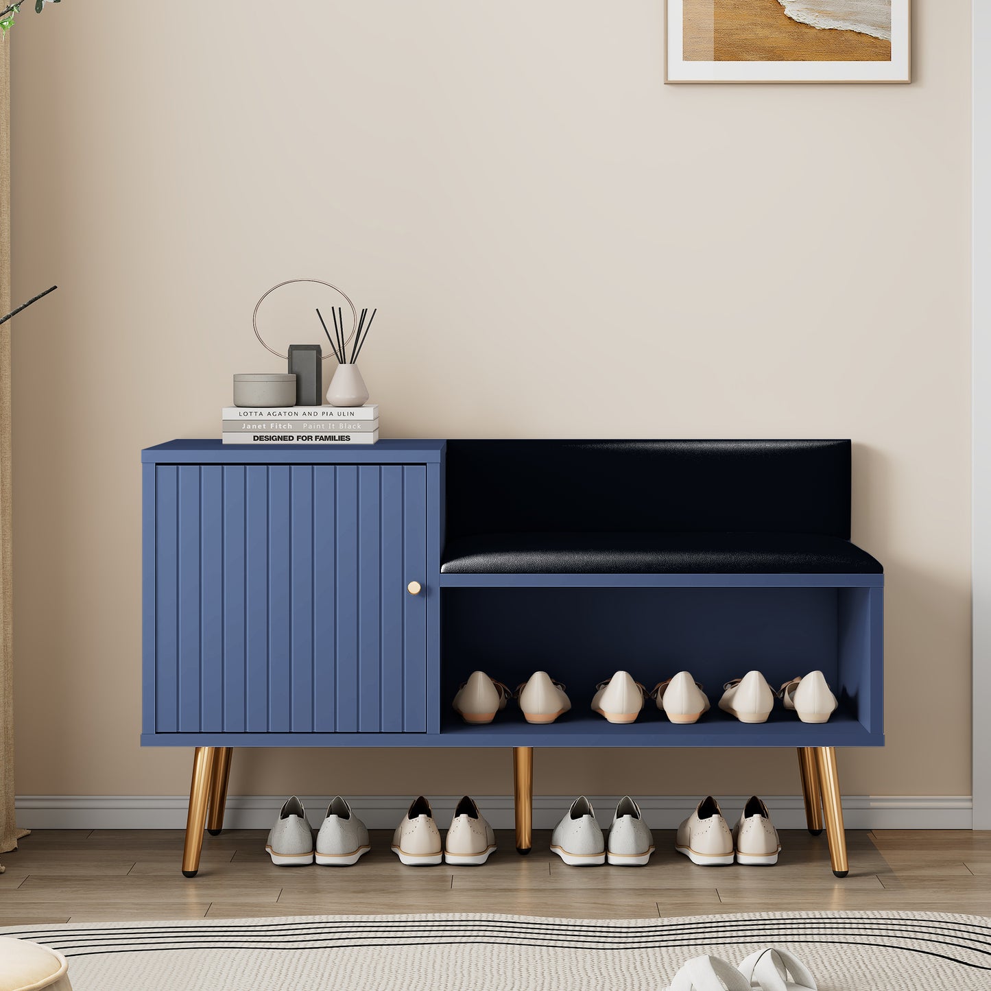 Luxurious Blue Shoe Chest with Padded Bench and Metal Accents