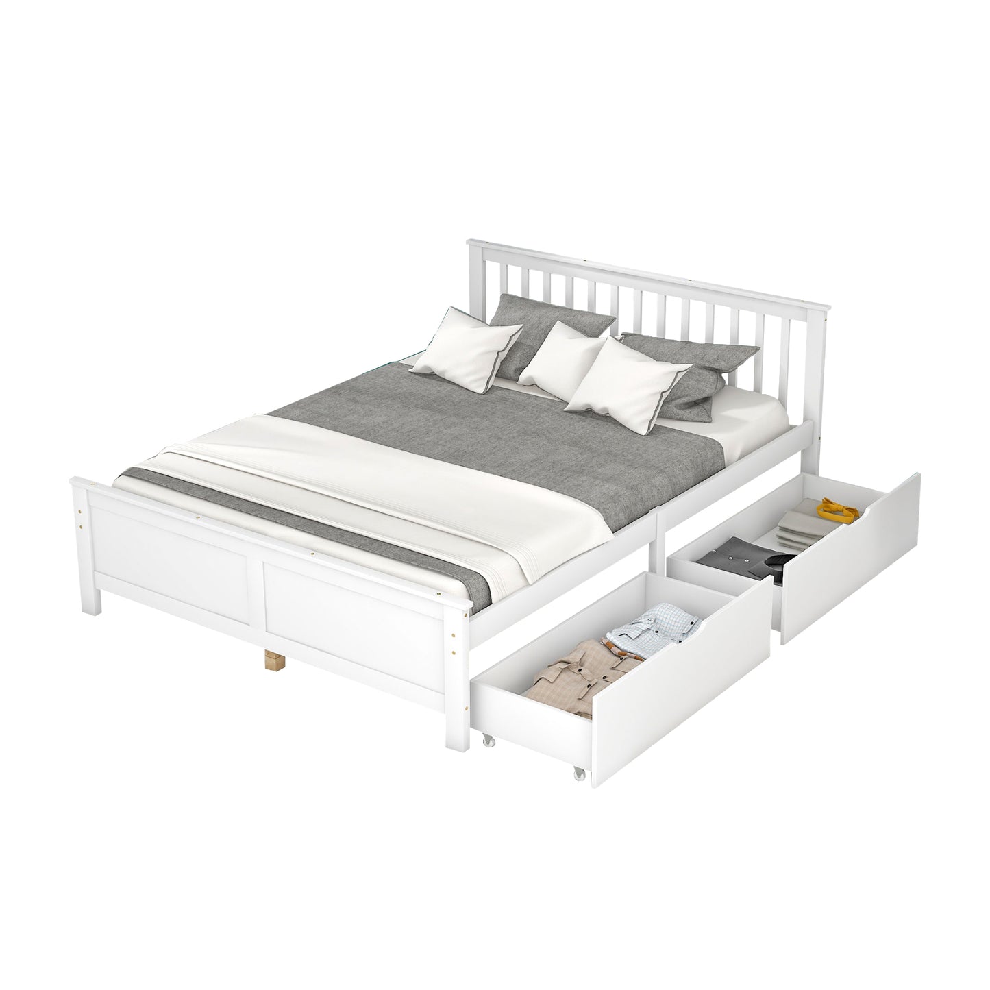 White Pine Wood Double Bed with Storage Drawers