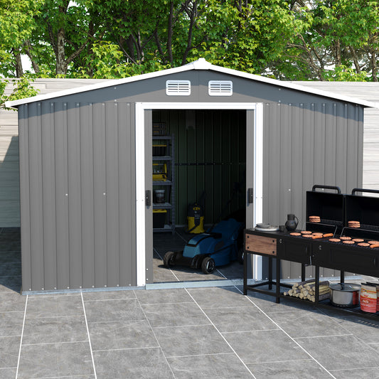 Gray Large Metal Tool Shed with Sloping Roof and Lockable Door, 334x313x202cm for Garden, Terrace, Lawn, and Carport
