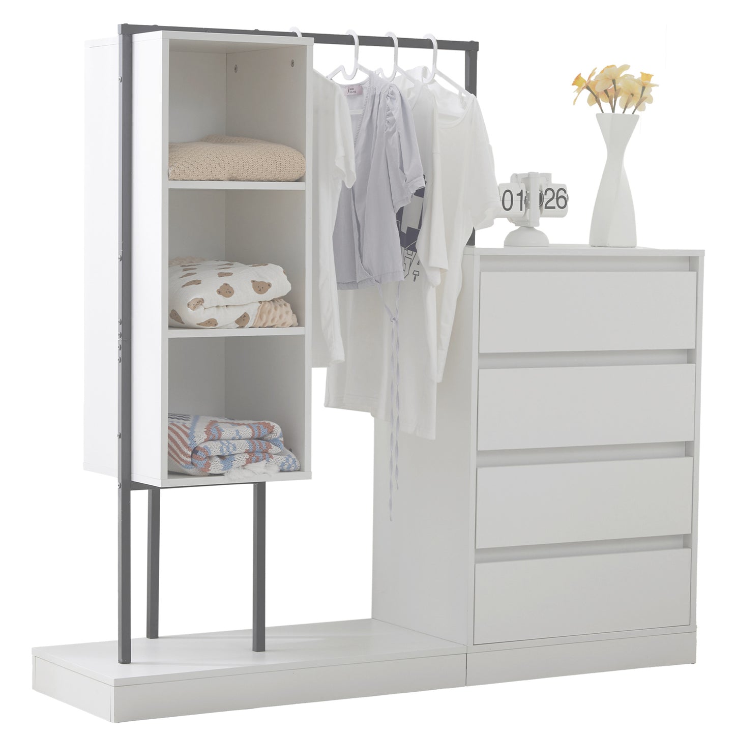 White Drawer Cabinet- Wardrobe Set - Modern Storage Solutions with Clothes Rail, W140/W40/H135 cm