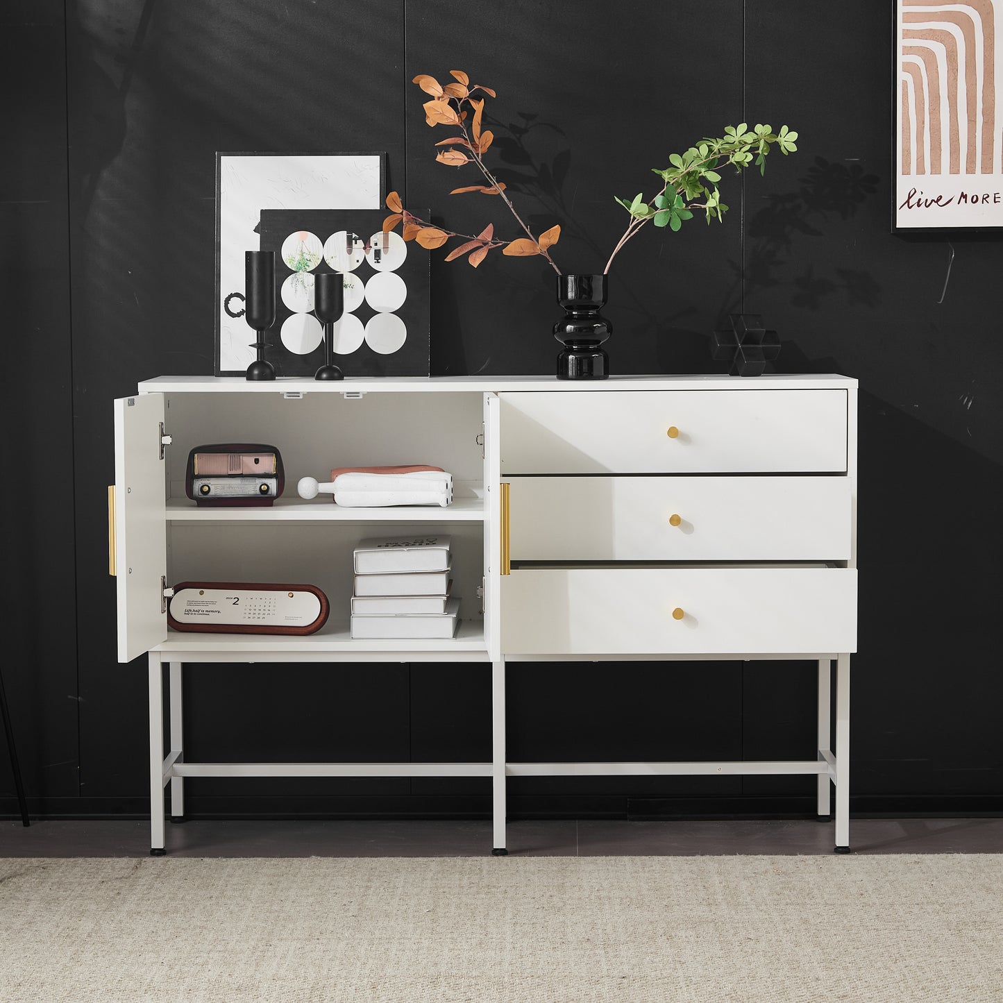 Elegant White Sideboard Cabinet with 2 Doors & 3 Drawers, Gold Handles, Metal Feet, 120cm Wide