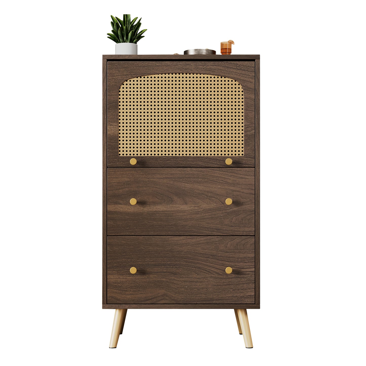 Rattan-Detail Walnut Cabinet - Modern Storage with Sliding Door- Gold Legs