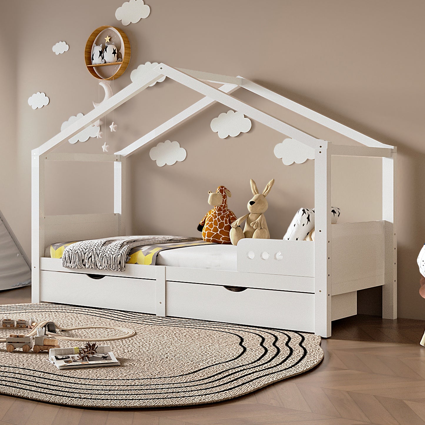 90x200cm White Pine Children's Bed with Double Drawers & Fall Protection