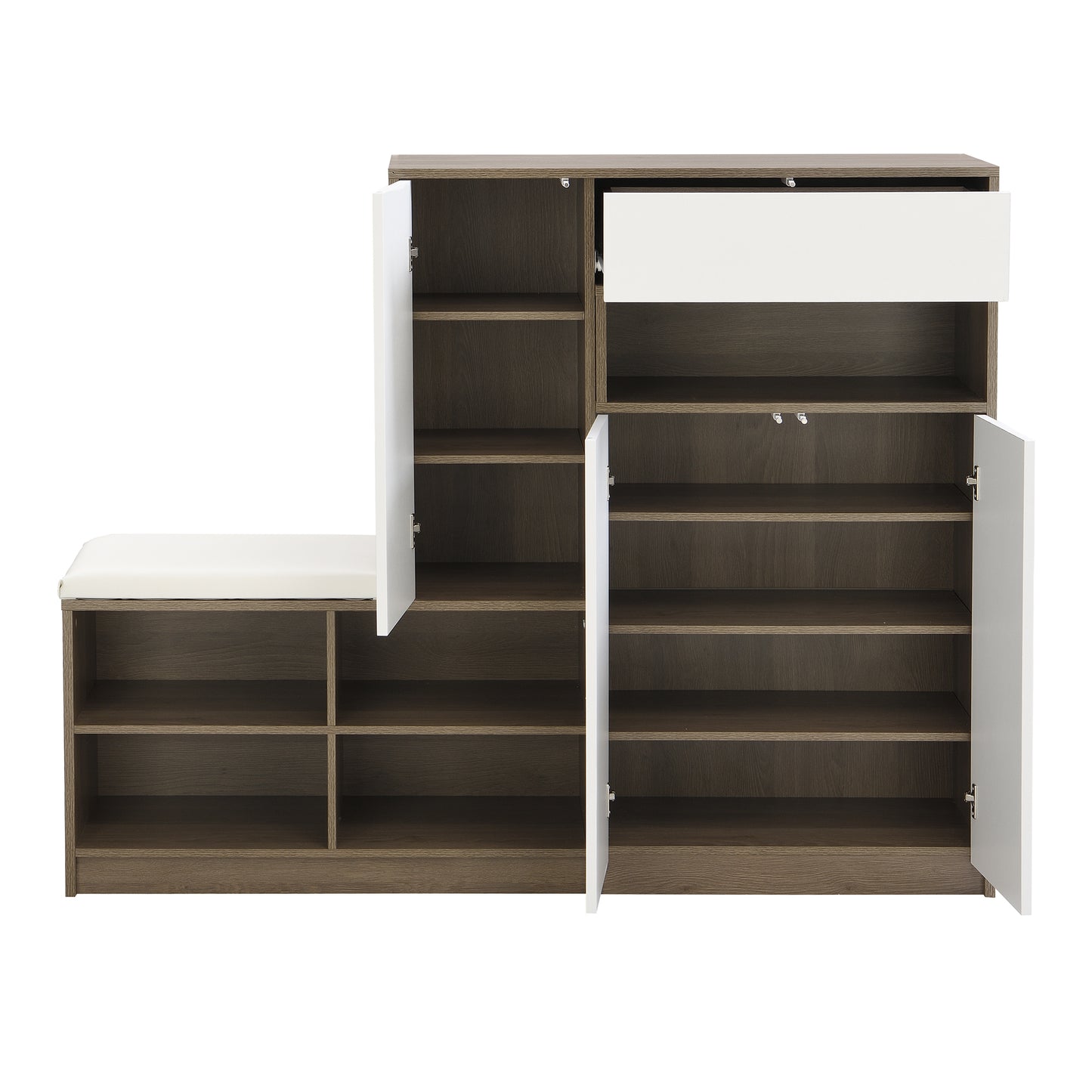 White Multifunctional Shoe Storage Bench with Padded Seat and Adjustable Shelves, Hallway Shoe Cabinet