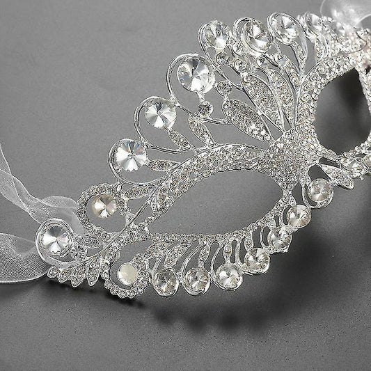 (Y)Luxury Elegant Diamond Rhinestone Mask Masquerade Party Crown Alloy Mask For Women(silver)