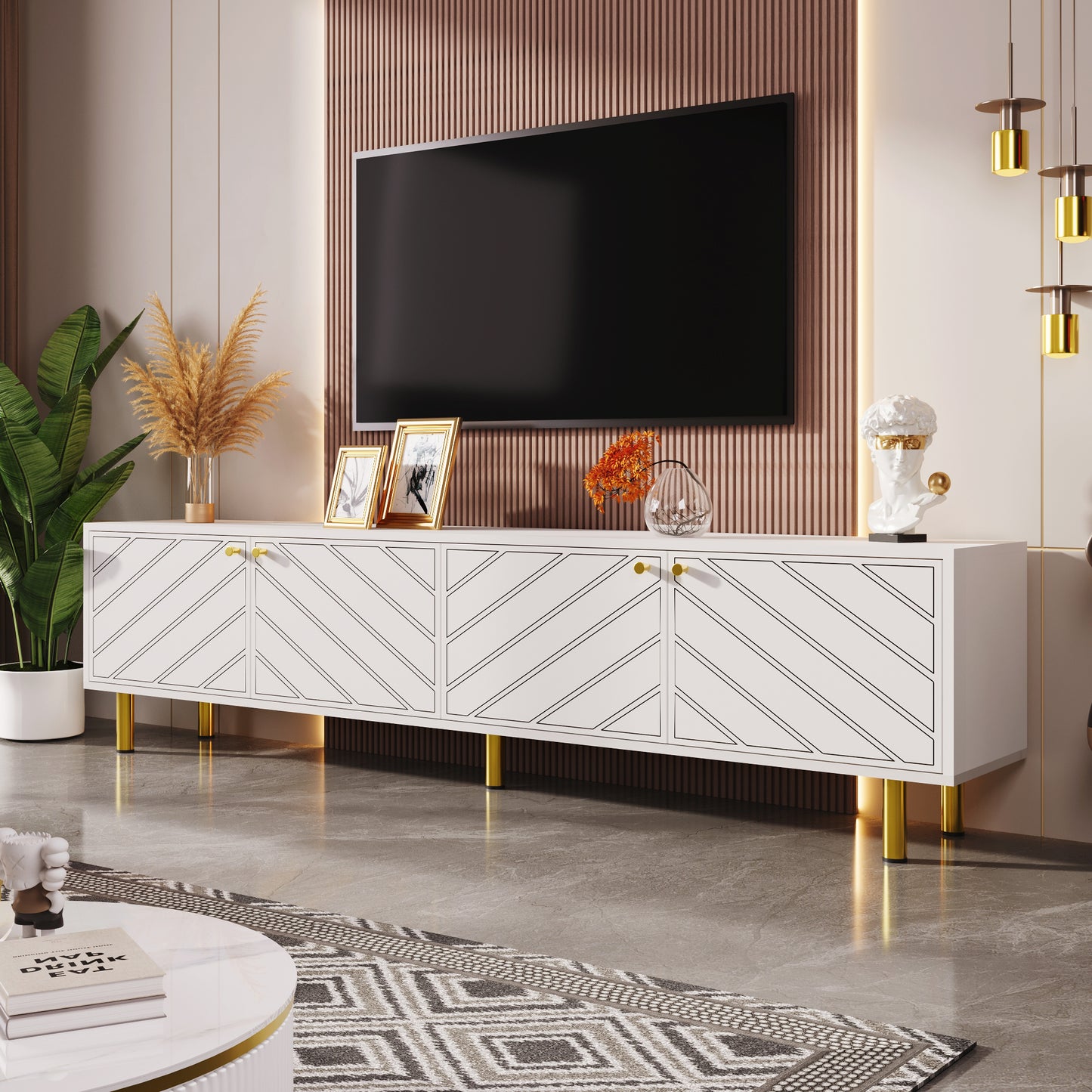 Elegant White 4-Door TV Cabinet with Gold Hardware for Versatile Interiors