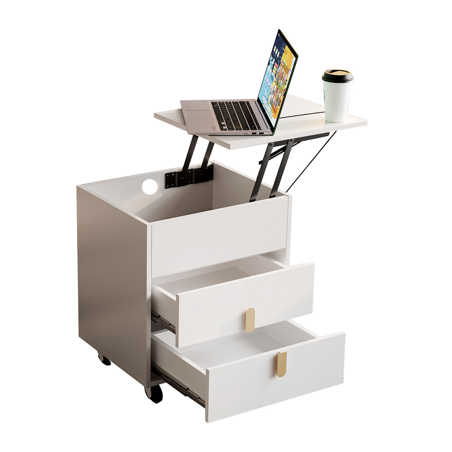 White Modern Bedside Table with USB Charging, Lifting Table, and Movable Pulley Design