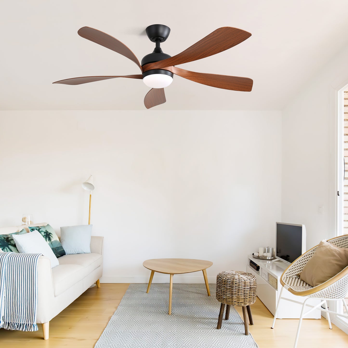 52" Modern Ceiling Fan with 3-Color Dimmable LED Light, 5 ABS Blades, Remote Control & Reversible DC Motor in Black
