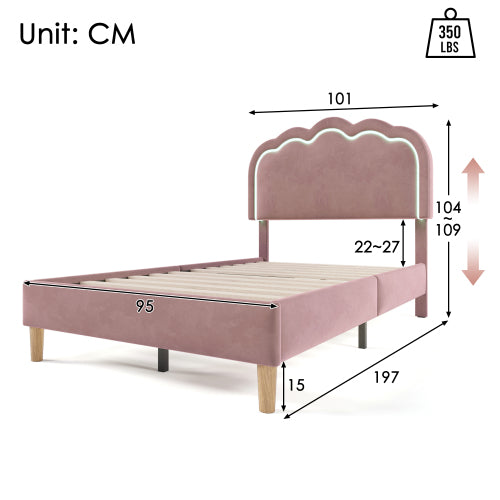 Pink Velvet Single Bed with LED, Adjustable Headboard, Slatted Frame, YouthGuest Room Bed Frame