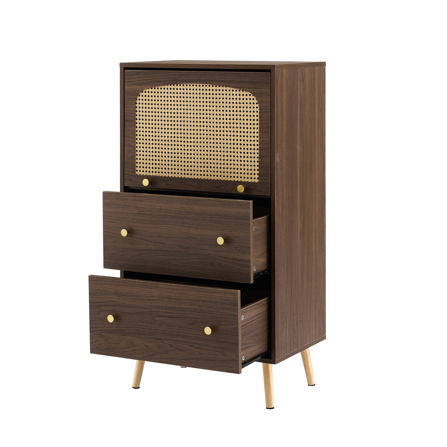 Rattan-Detail Walnut Cabinet - Modern Storage with Sliding Door- Gold Legs