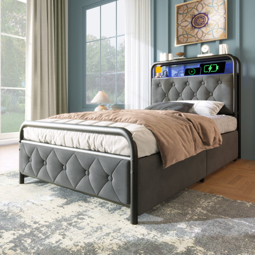 Luxury Velvet Single Bed-USB Type C Charging, APP-Controlled LED, Metal Frame, 2 Drawers