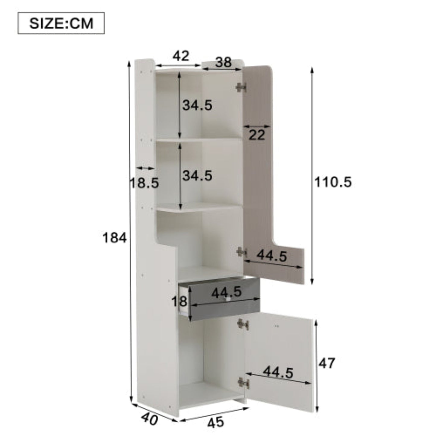 L-Shaped Teenager Bookcase with Drawer, Hinged Doors, and Metal Knobs - White Light Elm Gray