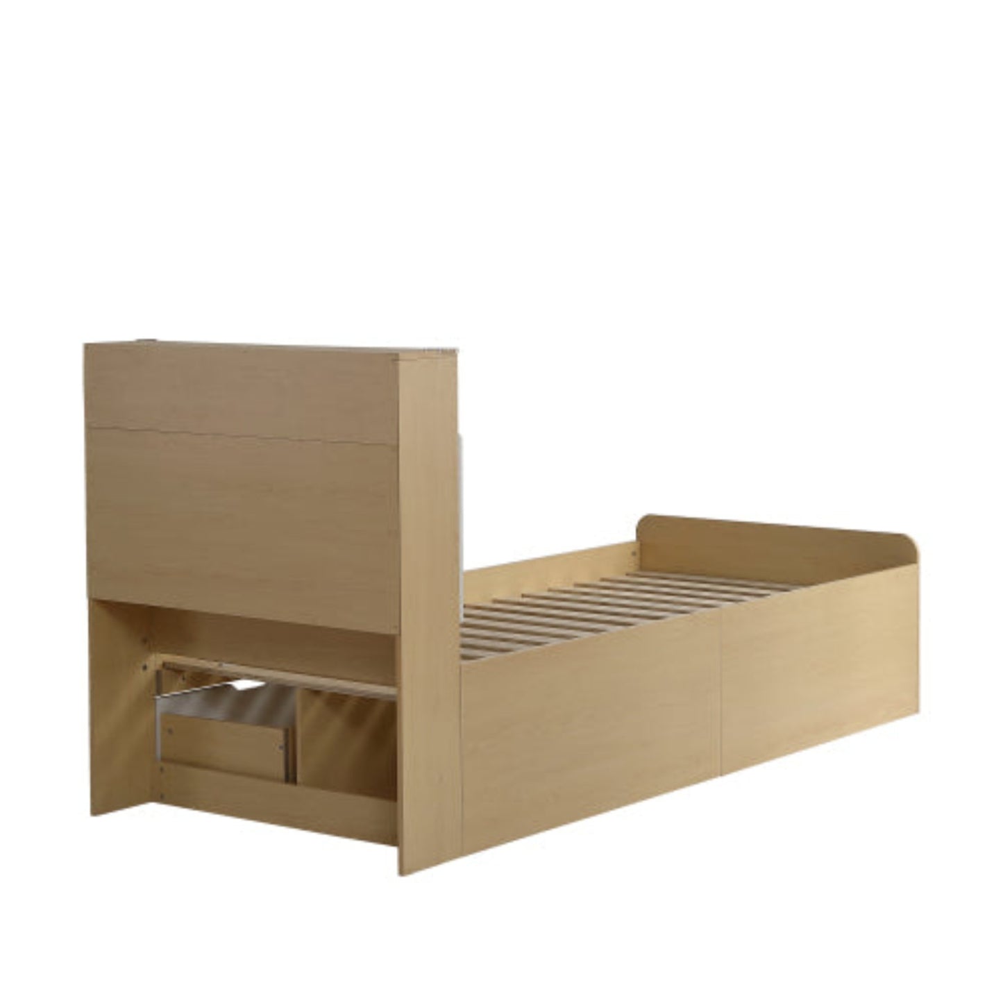 Youth Panel Bed with Flap Shelf Headboard, 4 Drawers, and Shock Protection - White Light Oak