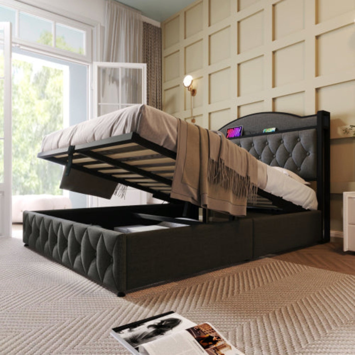 Grey Upholstered Double Bed with USB Charging, Storage, Slatted Metal Frame -Mattress Not Included