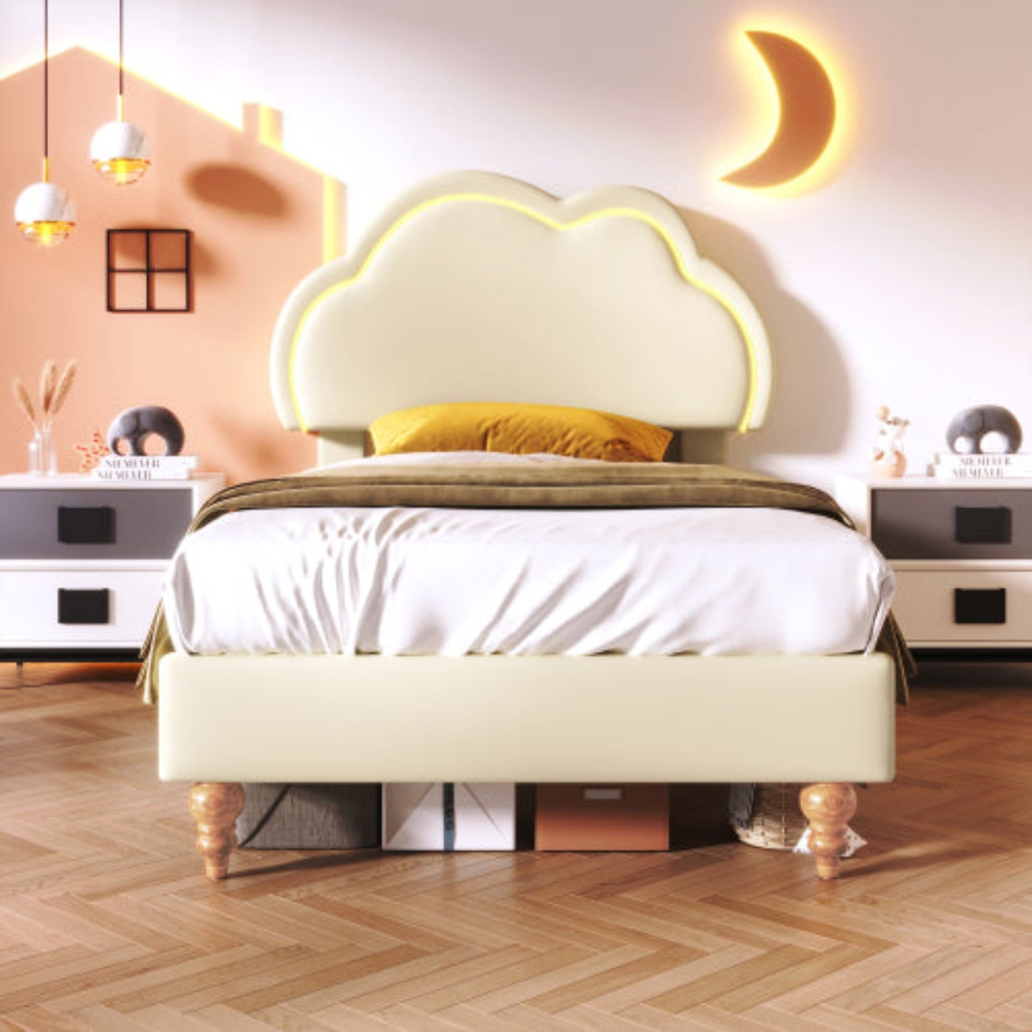 Cream PU Single Bed with LED, Upholstered Frame, Adjustable Cloud Headboard, Youth Bedroom-Guest Room