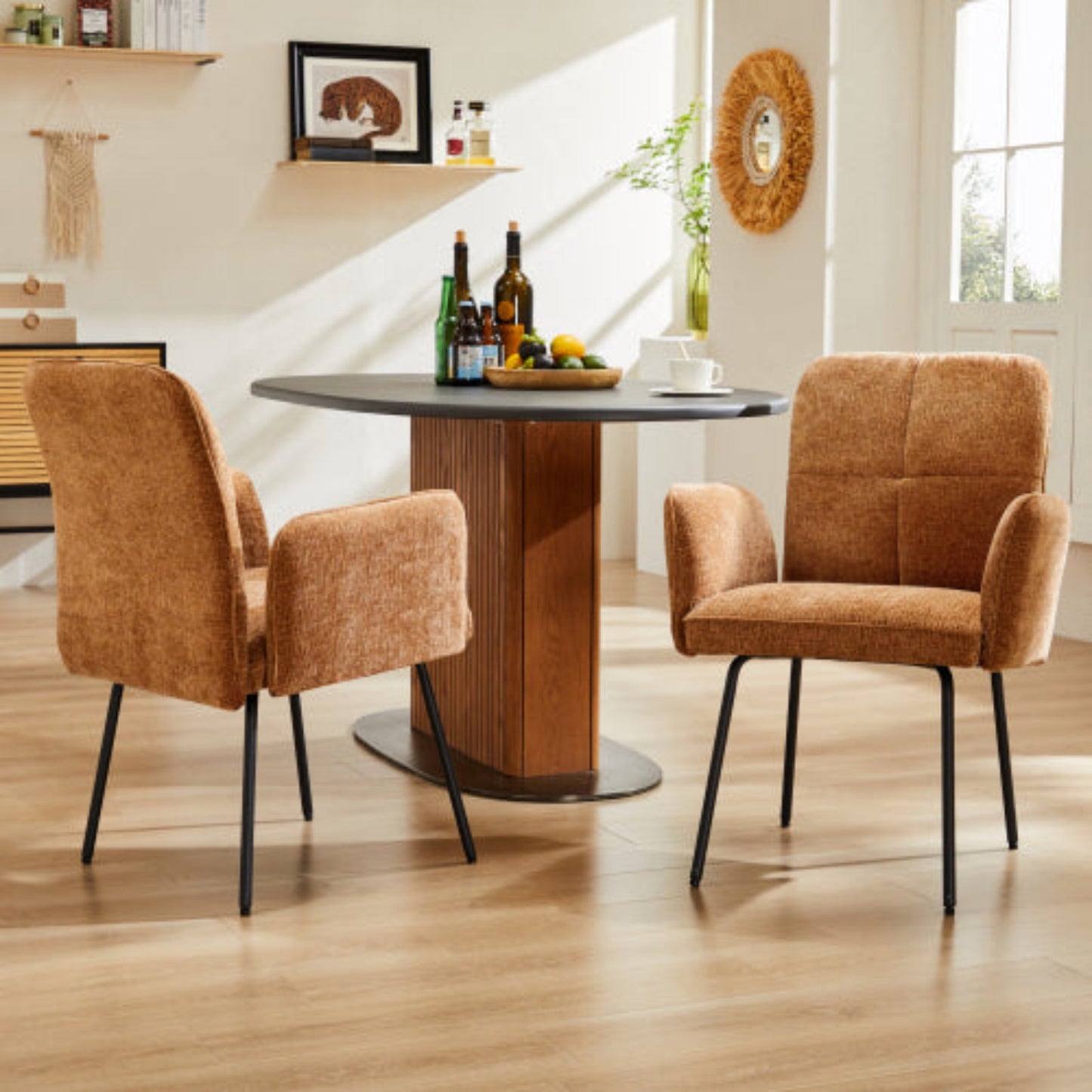 Brown Dining Chairs- Living Room Armchairs with Extra Wide Cushions and Black Metal Legs