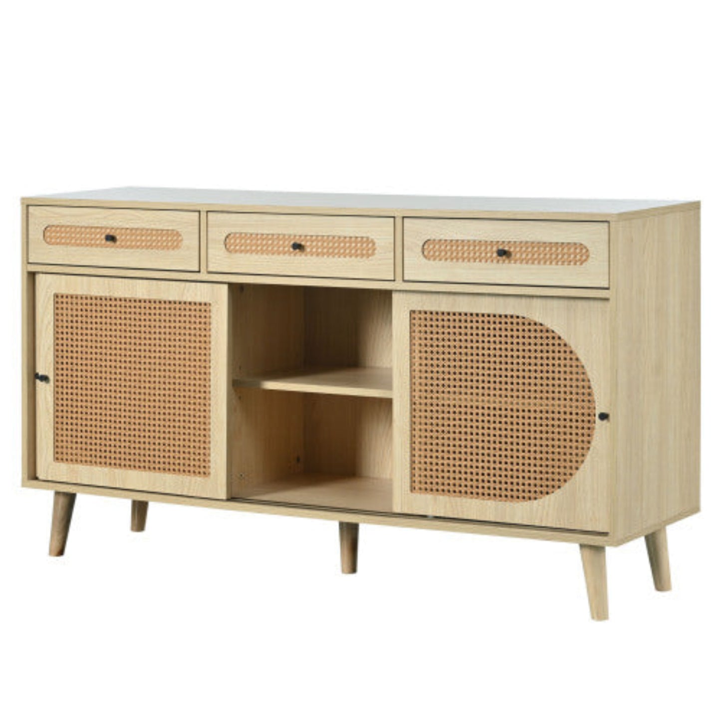 140cm Wooden Sideboard,PE Rattan Doors, Adjustable Shelves, 3 Drawers, Sliding Doors