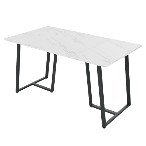 Modern Marble-Pattern Dining Table-Black Metal Frame, Adjustable Feet- Dining Living Rooms