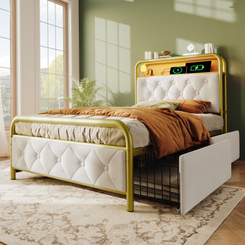 Velvet Single Bed with USB Type C Charging, APP-Controlled LED, Metal Frame, 2 Drawers