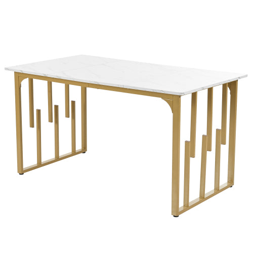 Modern Marble-Pattern Dining Table-Unique Metal Frame, Adjustable Feet, White Golden for Living Dining Rooms