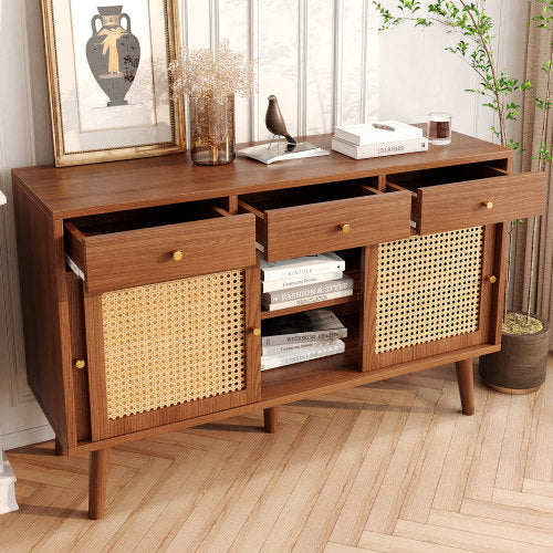 New Walnut Sideboard with 3 Drawers and 3 Rattan Sliding Doors, Gold Handles, Adjustable Shelves