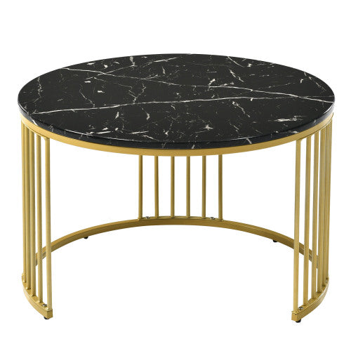 Modern Nesting Coffee Tables- Marble Veneer, BlackGolden Frame, Round Side Tables-Set of 2