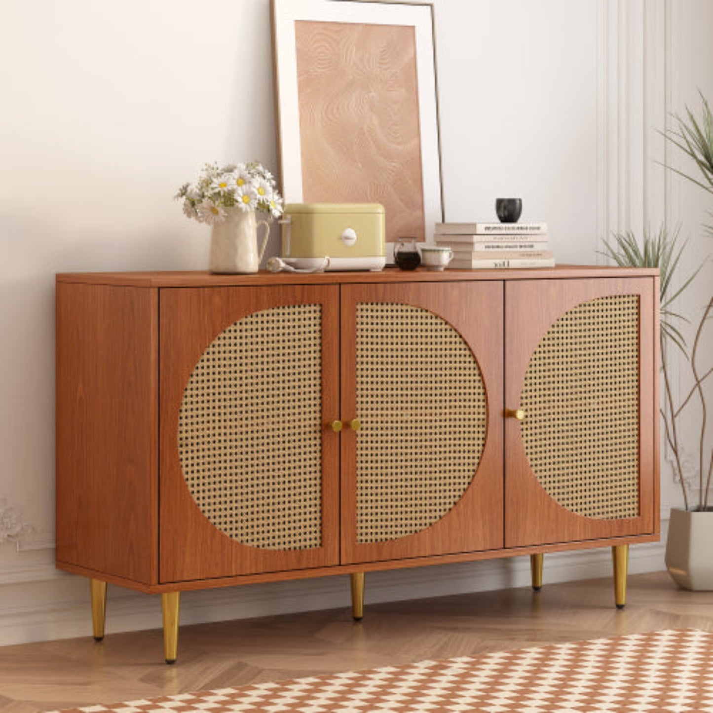 Walnut Sideboard,3 Rattan Doors, Metal Handles, Chest of Drawers,129.8x40x76cm