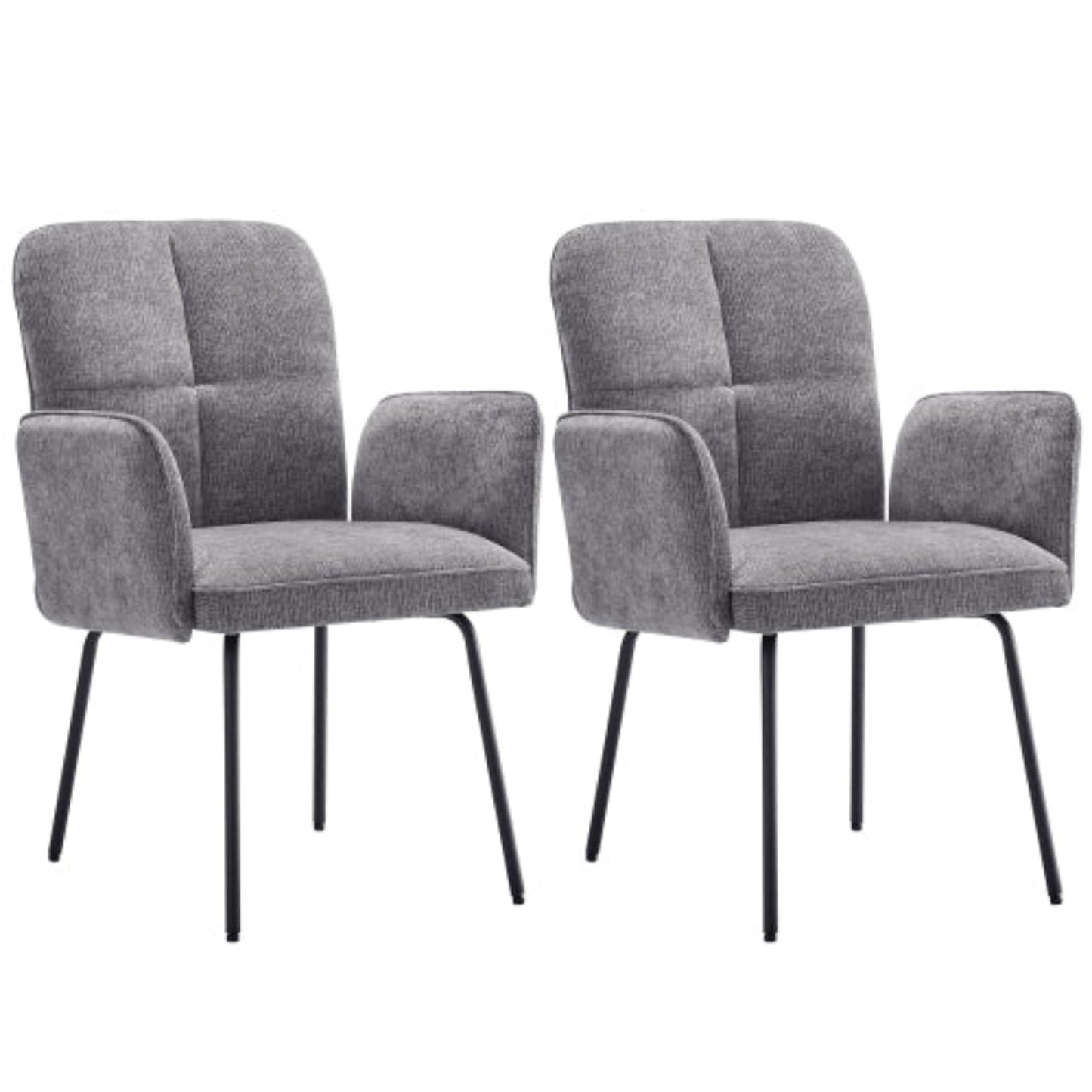 Grey Dining Chairs- Living Room Armchairs with Extra Wide Cushions and Black Metal Legs