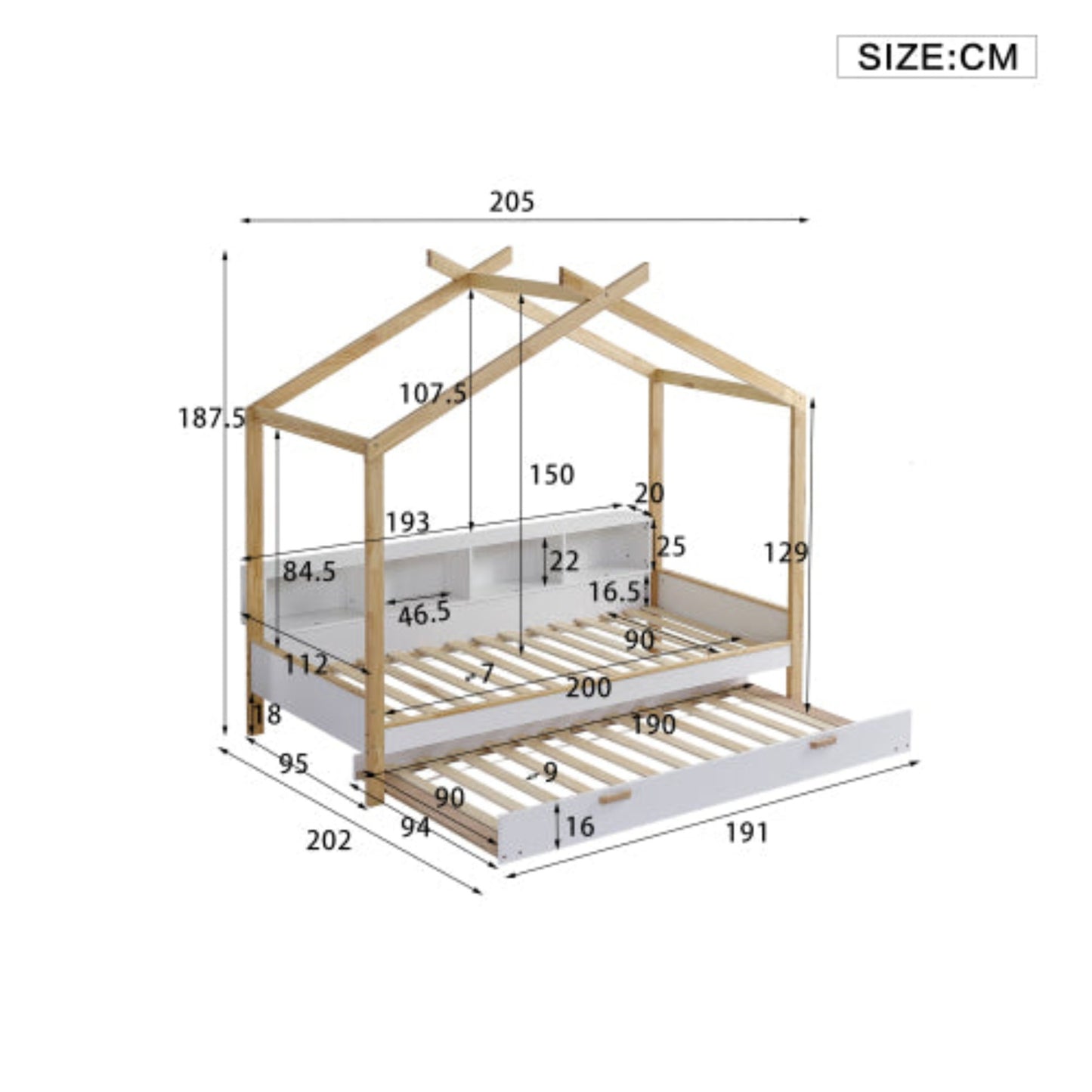 White Natural Children's House Bed with Storage, Trundle - Pine Frame