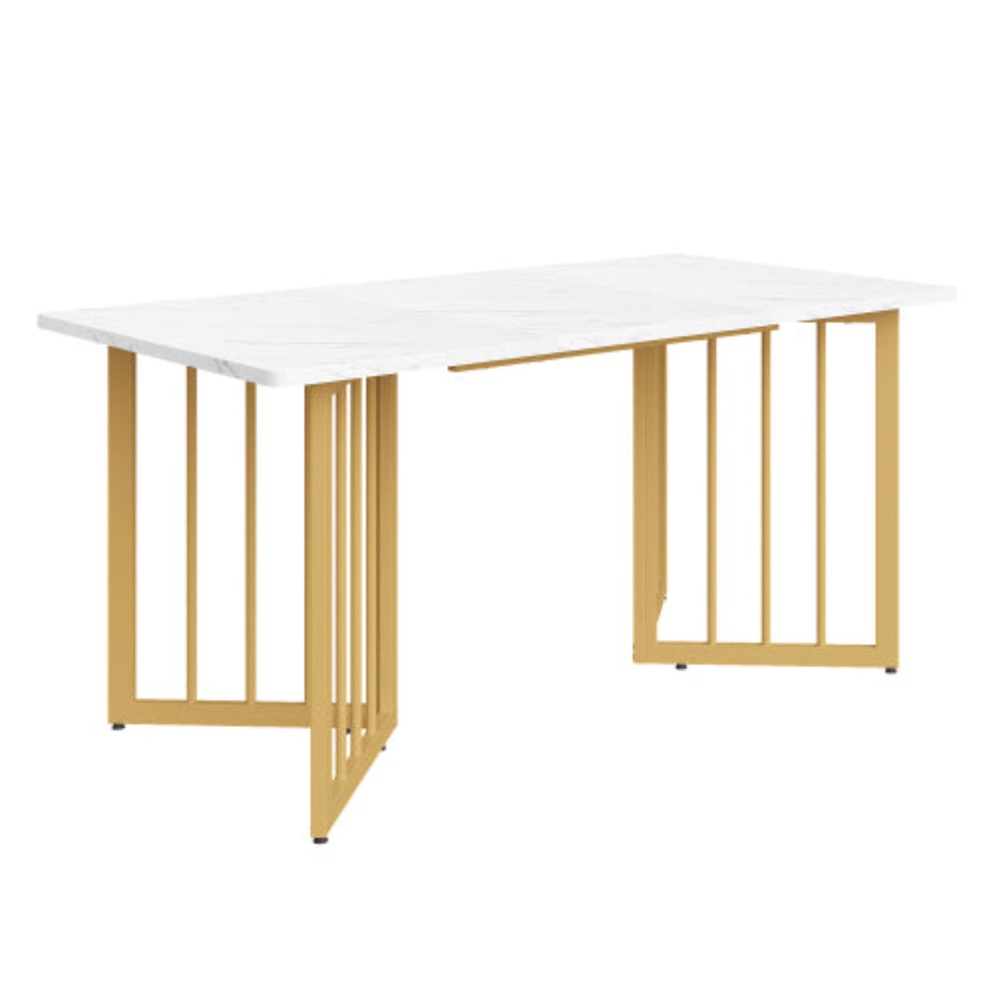 (p) Luxe Dining Table-White Marble Pattern, V-Shaped Metal Legs, Adjustable Feet, Golden Highlights