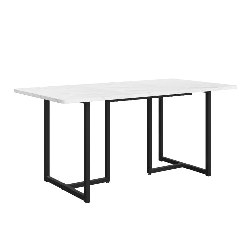 (p)Elegant Dining Table-White Marble Pattern, L-Shaped Metal Legs, Adjustable Feet, Black Accents