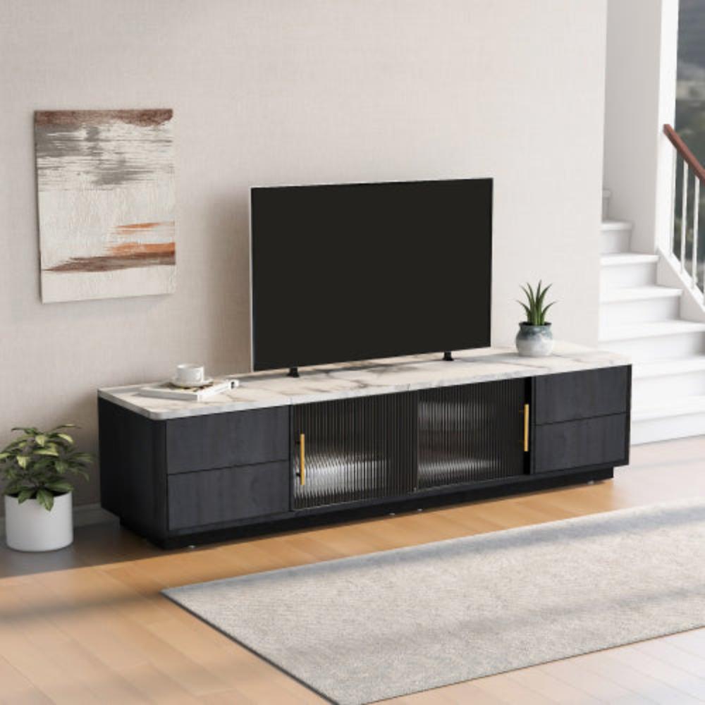 160cm Grey TV Stand,70 inches TV, Marble Top, Cable Management, Push-to-Open Drawers