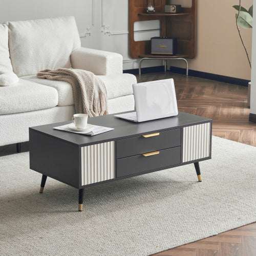 Modern Grey-White Coffee Table-2 Doors, 2 Drawers, Gold Accents, High-Quality Living Room Furniture