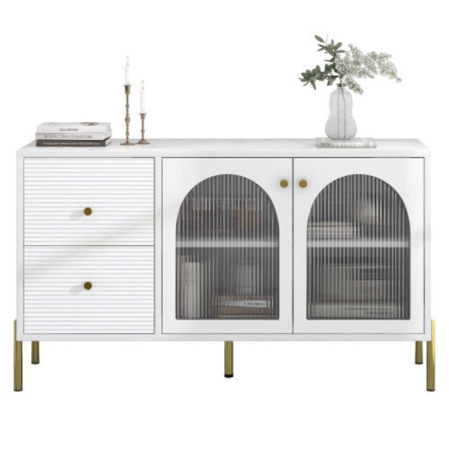 120cm White Gold Sideboard,Marble Top, Adjustable Shelves, 2 Doors, 2 Drawers, Glass Cabinet