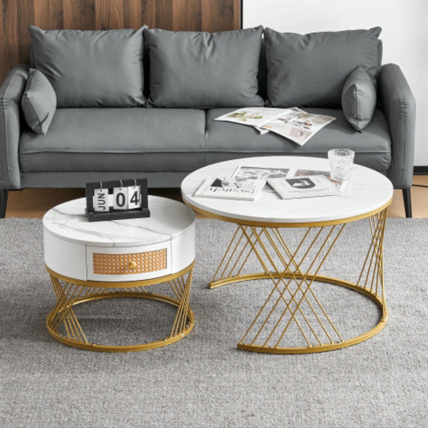 Elegant 2-Piece White Coffee Table Set- Marble Texture, Plastic Rattan Drawers, Gold Accents