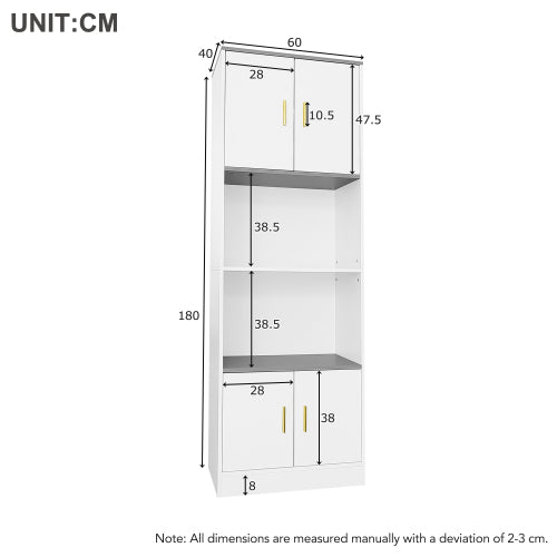 Elegant White Display Cabinet- 4-Door with Center Open Compartment, Quiet Hinges - Ideal for Kitchen or Living Room