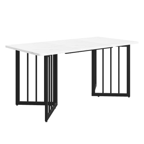 (p) Modern Marble Table-Sleek White, V-Shaped Metal Legs, Adjustable Feet, Black Accents