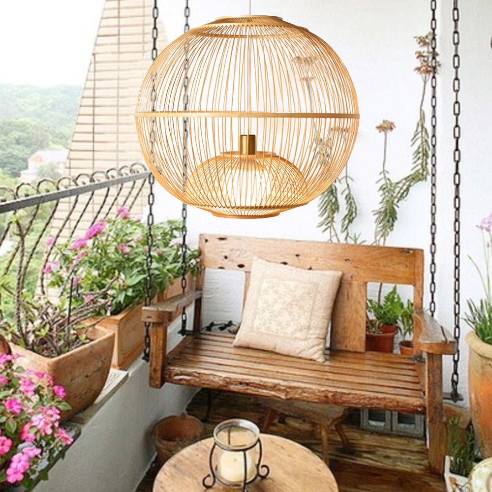 (M)Bamboo Pendant Ligting Globe Shade Ceiling Hanging Light E27 Sigle for Restaurant Home 1 Light