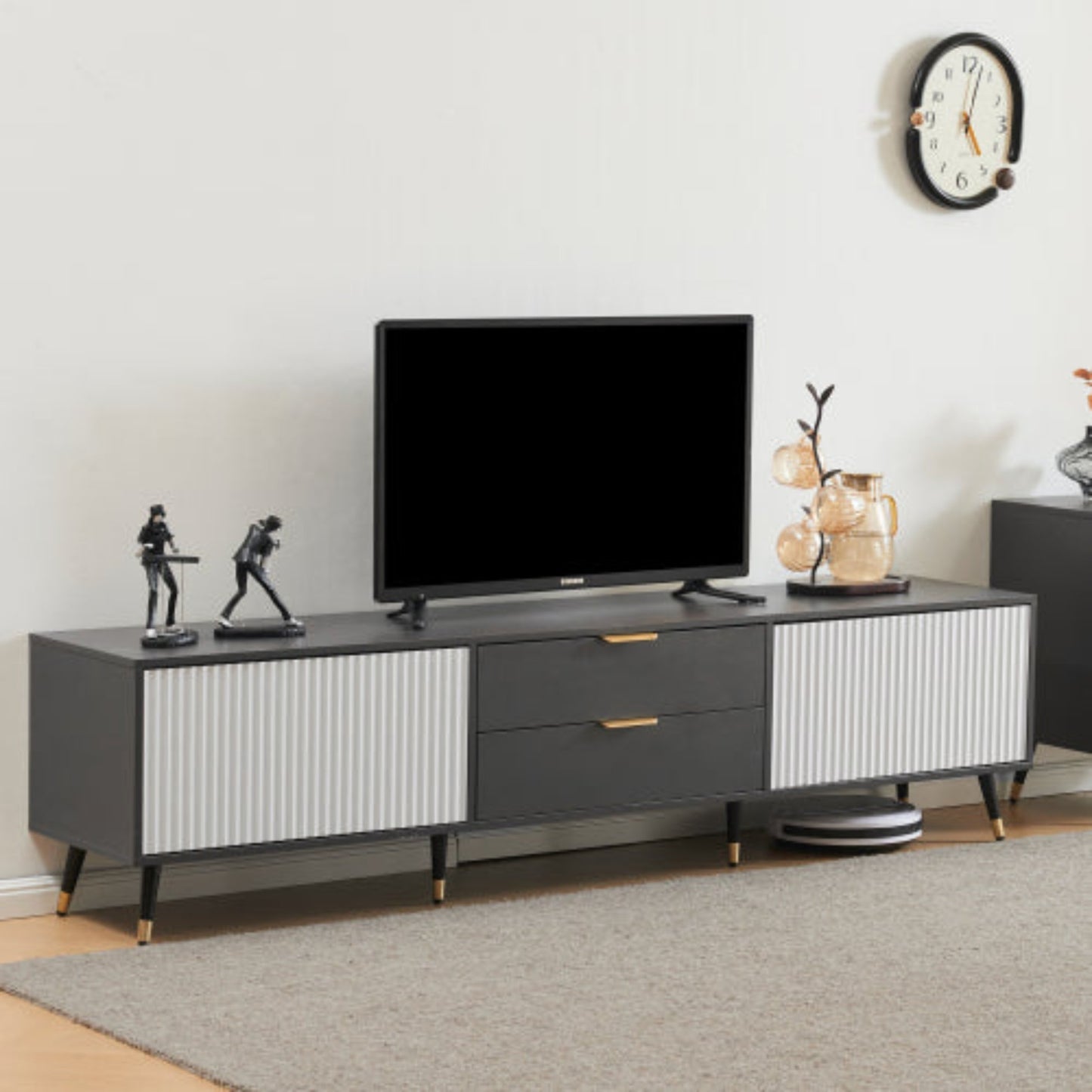 Elegant Grey-White TV Cabinet- 2 Drawers, 2 Doors, Cable Management, Modern Design