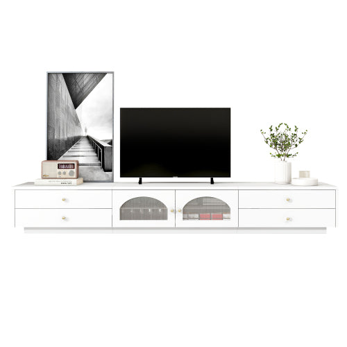 White TV Cabinet with 4 Drawers and 2 Glass Doors for 90 Inch TV