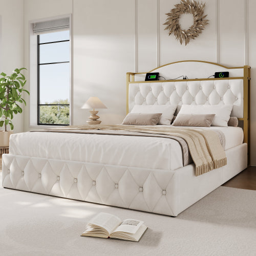 Light Beige Double Bed-USB Type C, Storage, Slatted Metal Frame-Mattress Not Included