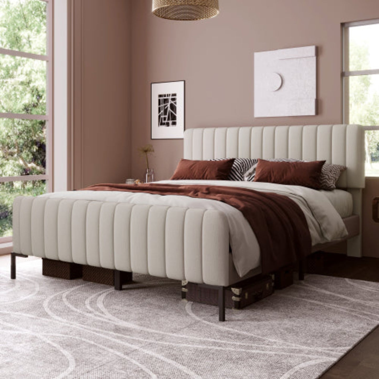 Grey-Beige Upholstered Double Bed,Adjustable Headboard, Slatted Frame, 160x200cm