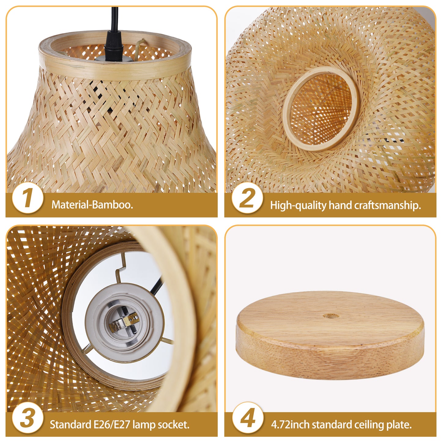(Q)15.75 Inch Hand Woven Rattan Pendant Light, Bohemian Style Rattan Pendant Light, Suitable for Dining Rooms, Kitchens, Islands, Living Rooms