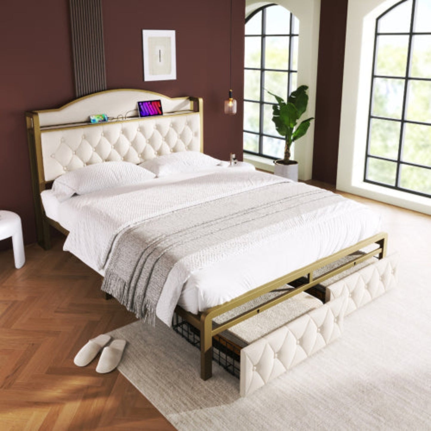 Light Beige Upholstered Double Bed-USB Type C Charging, Storage Drawers, Slatted Metal Frame