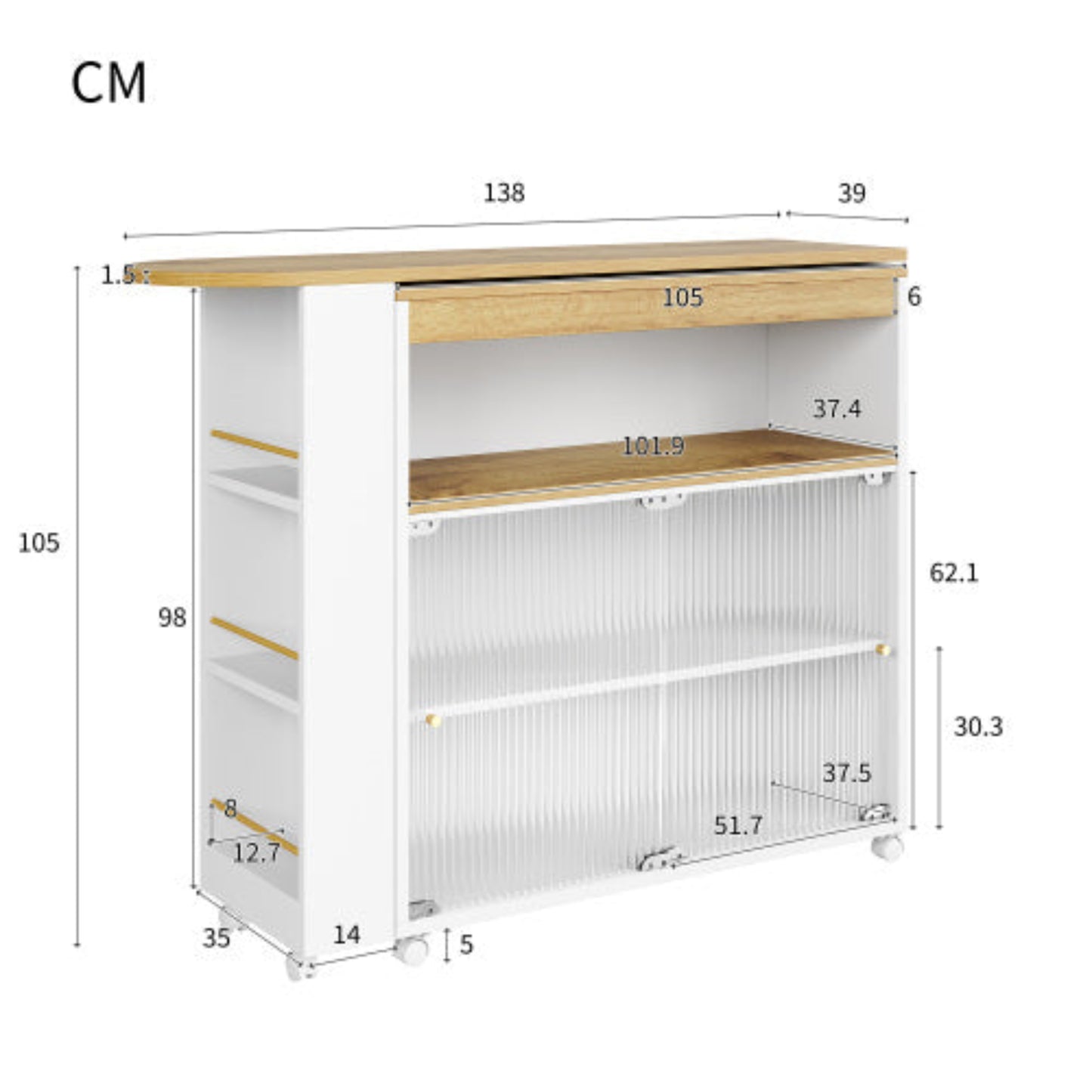 White Extendable Bar Table-Storage, LED, Telescopic, Modern 138-204x39x105cm