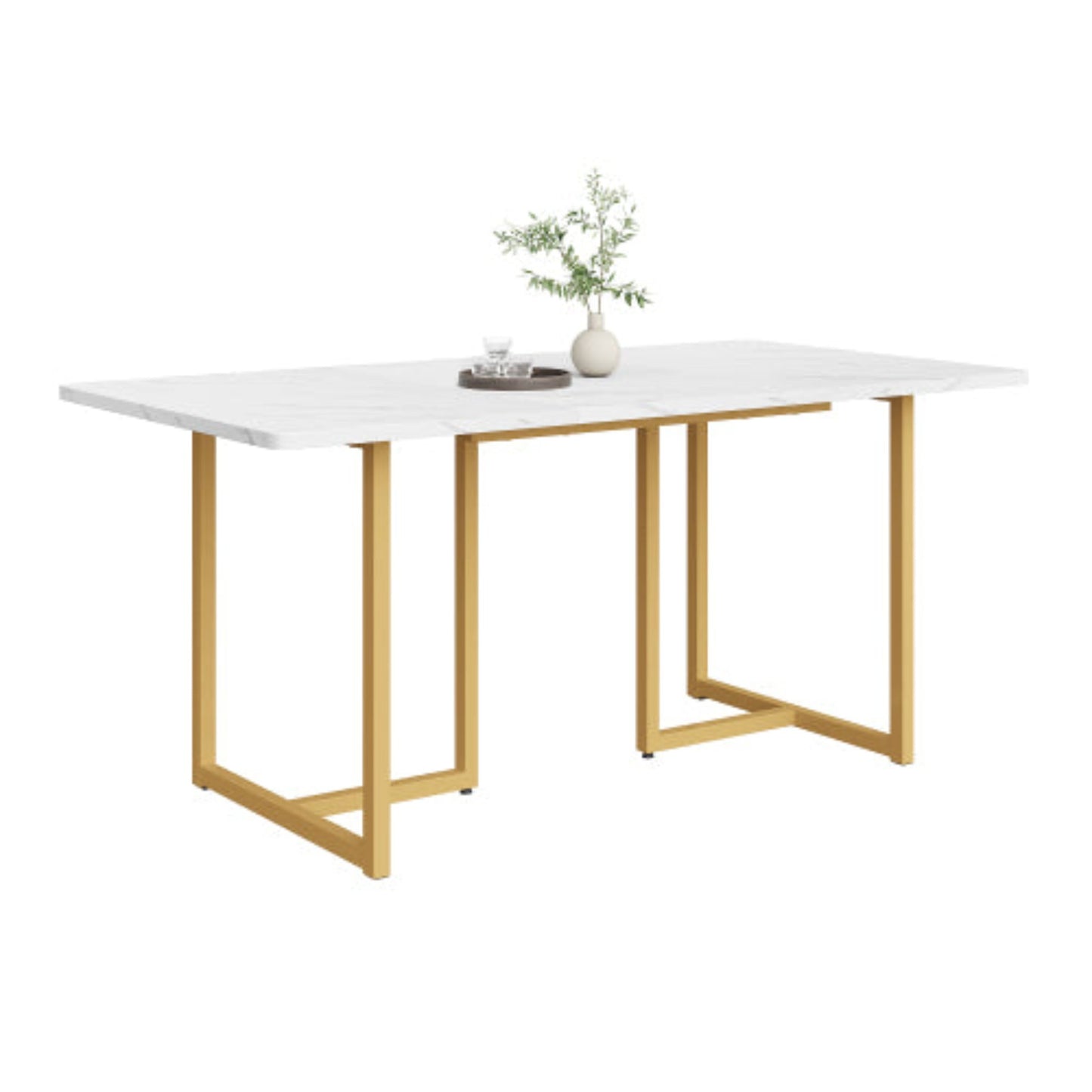 (p)Modern Dining Table- White Marble Pattern, L-Shaped Metal Legs, Adjustable Feet, Golden Accents