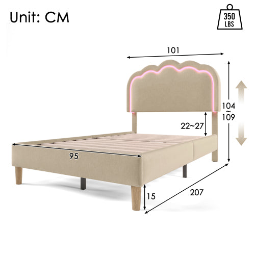 Beige Upholstered Single Bed with LED, Adjustable Headboard, Slatted Frame, YouthGuest Room Bed, Linen Material